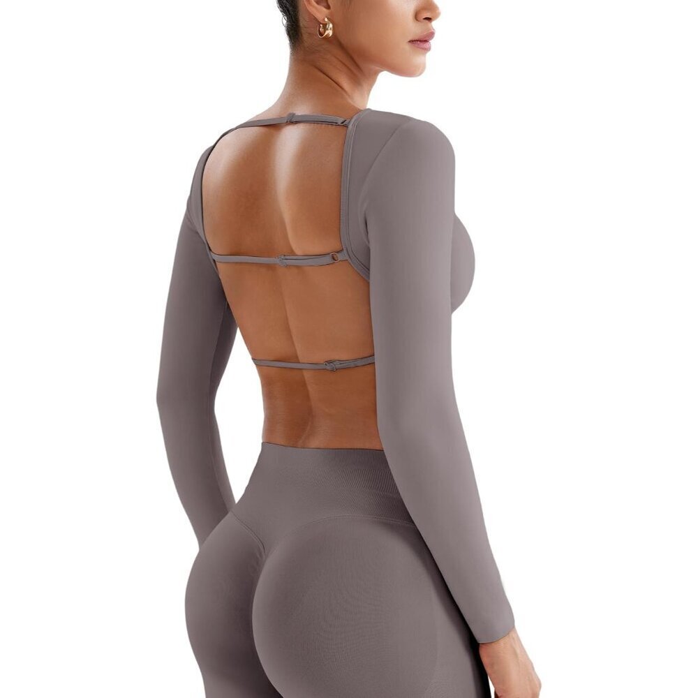Women Backless Crop Top Seamless Stretch Long Sleeve Adjustable Straps
